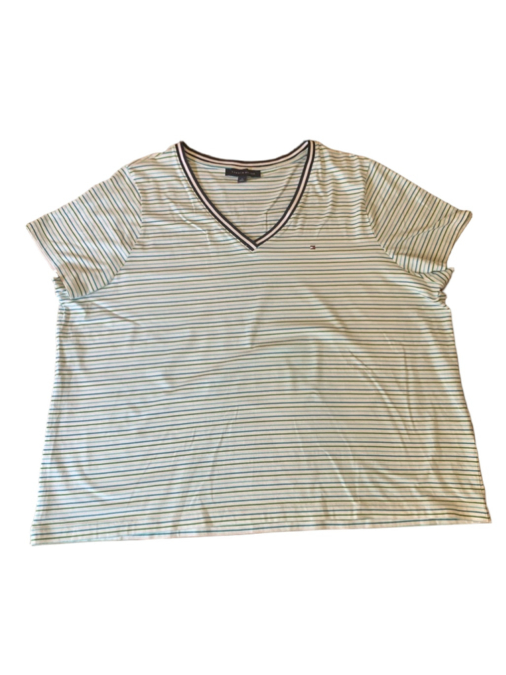 Tommy Hilfiger Top 2X White with Green and Blue Stripes Short sleeve